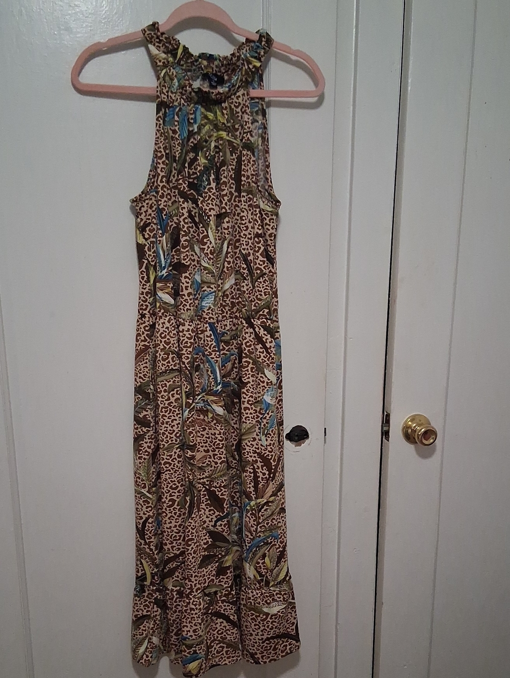 Tacera Brown Leopard & Tropical Print Midi Dress with Blue Accents